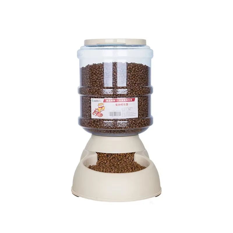 Automatic Gravity Pet Feeder in beige, 3.75L capacity filled with dry pet food