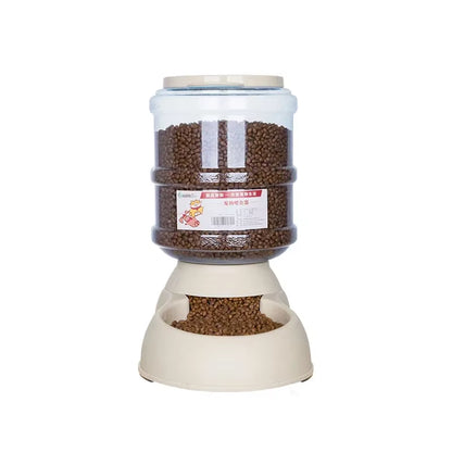 Automatic Gravity Pet Feeder in beige, 3.75L capacity filled with dry pet food
