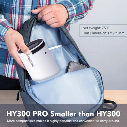 HY300 Pro mini projector packed inside a backpack showing compact 750g portable size