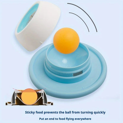 Interactive Lick Mat Slow Feeder Bowl exploded view showing the sticky-food ball mechanism