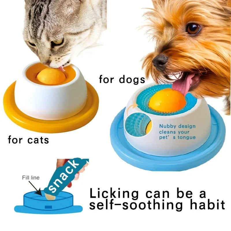 Cat and dog licking the Interactive Lick Mat Slow Feeder Bowl in orange and blue for self-soothing play