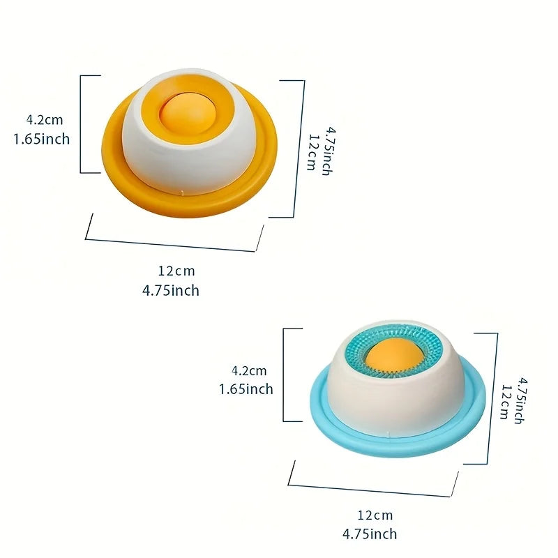 Interactive Lick Mat Slow Feeder Bowl in orange and blue, both measuring 12cm diameter