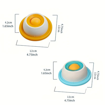 Interactive Lick Mat Slow Feeder Bowl in orange and blue, both measuring 12cm diameter