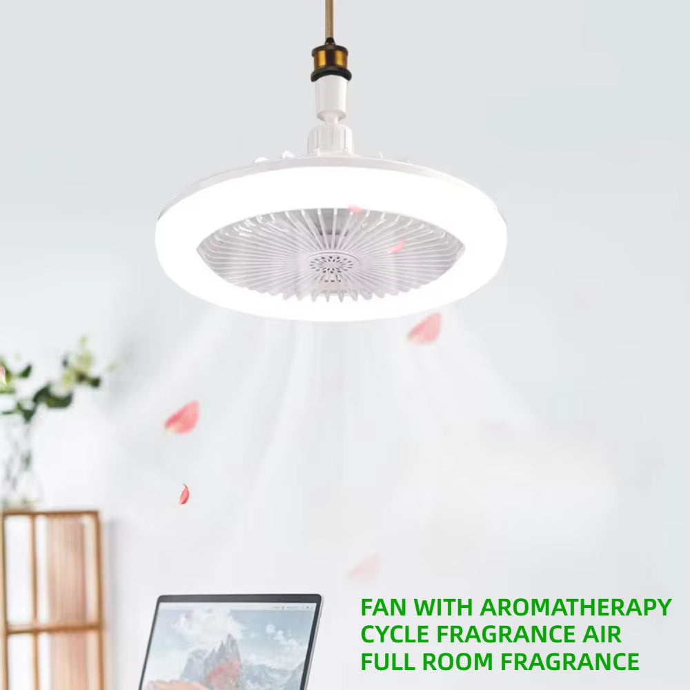 Close-up of the ceiling fan light's aromatherapy diffuser releasing fragrance in a home office