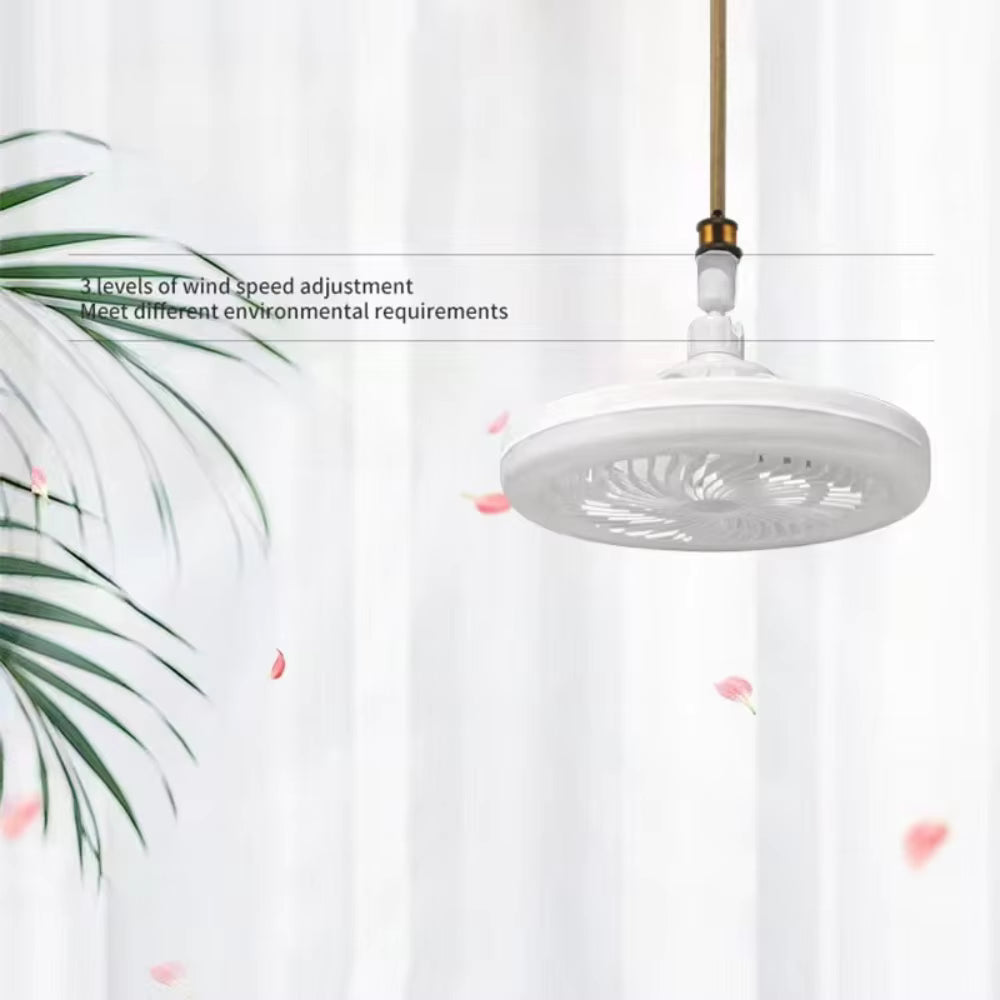 White 3-in-1 LED ceiling fan light hanging in a bright room, with 3-speed wind adjustment