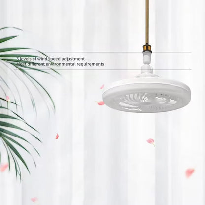 White 3-in-1 LED ceiling fan light hanging in a bright room, with 3-speed wind adjustment