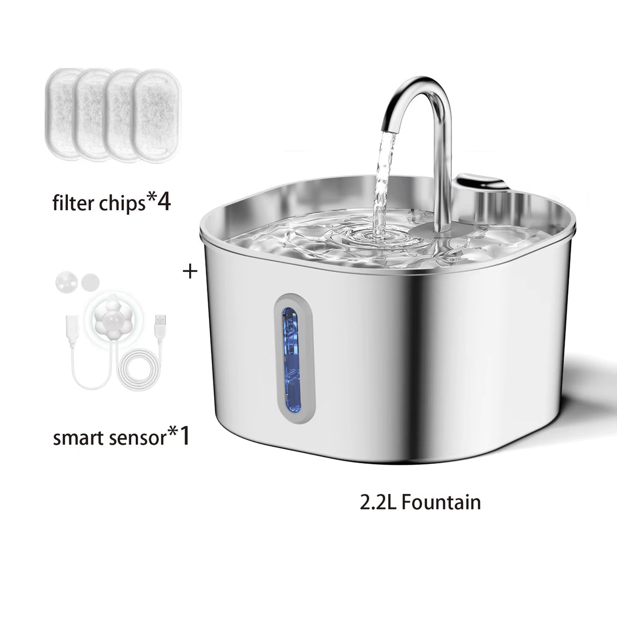 Stainless steel 2.2L pet fountain bundled with filter chips 4-pack and smart sensor accessory kit.