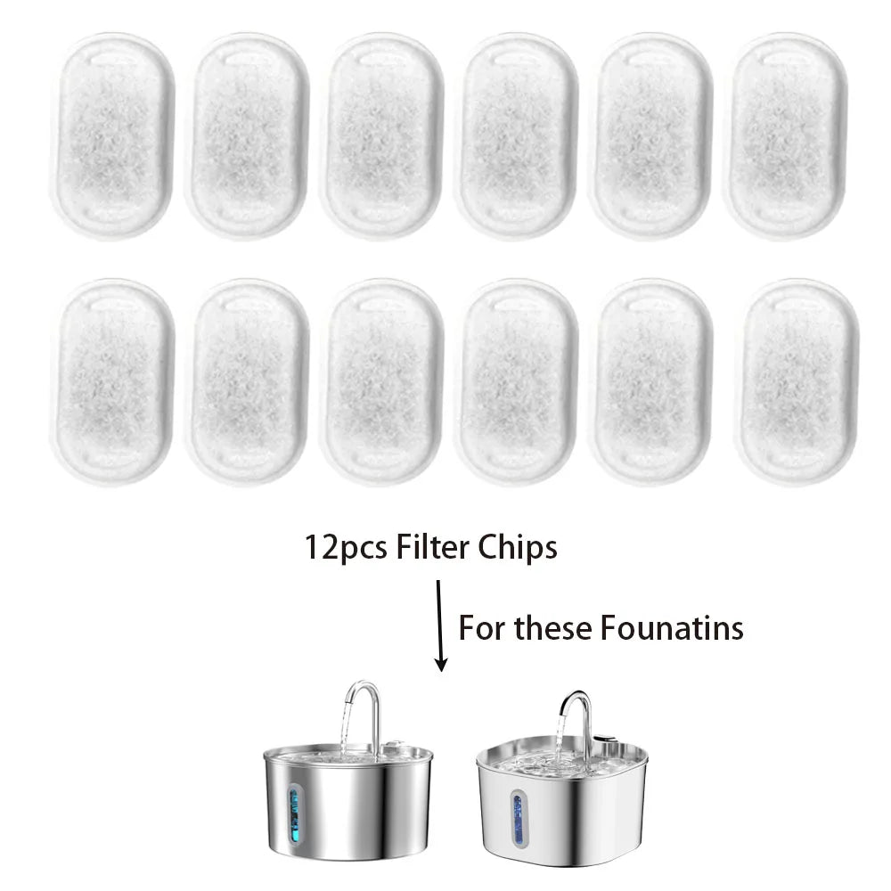 12-piece replacement filter chips pack compatible with round and square stainless steel pet fountains.