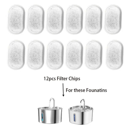 12-piece replacement filter chips pack compatible with round and square stainless steel pet fountains.