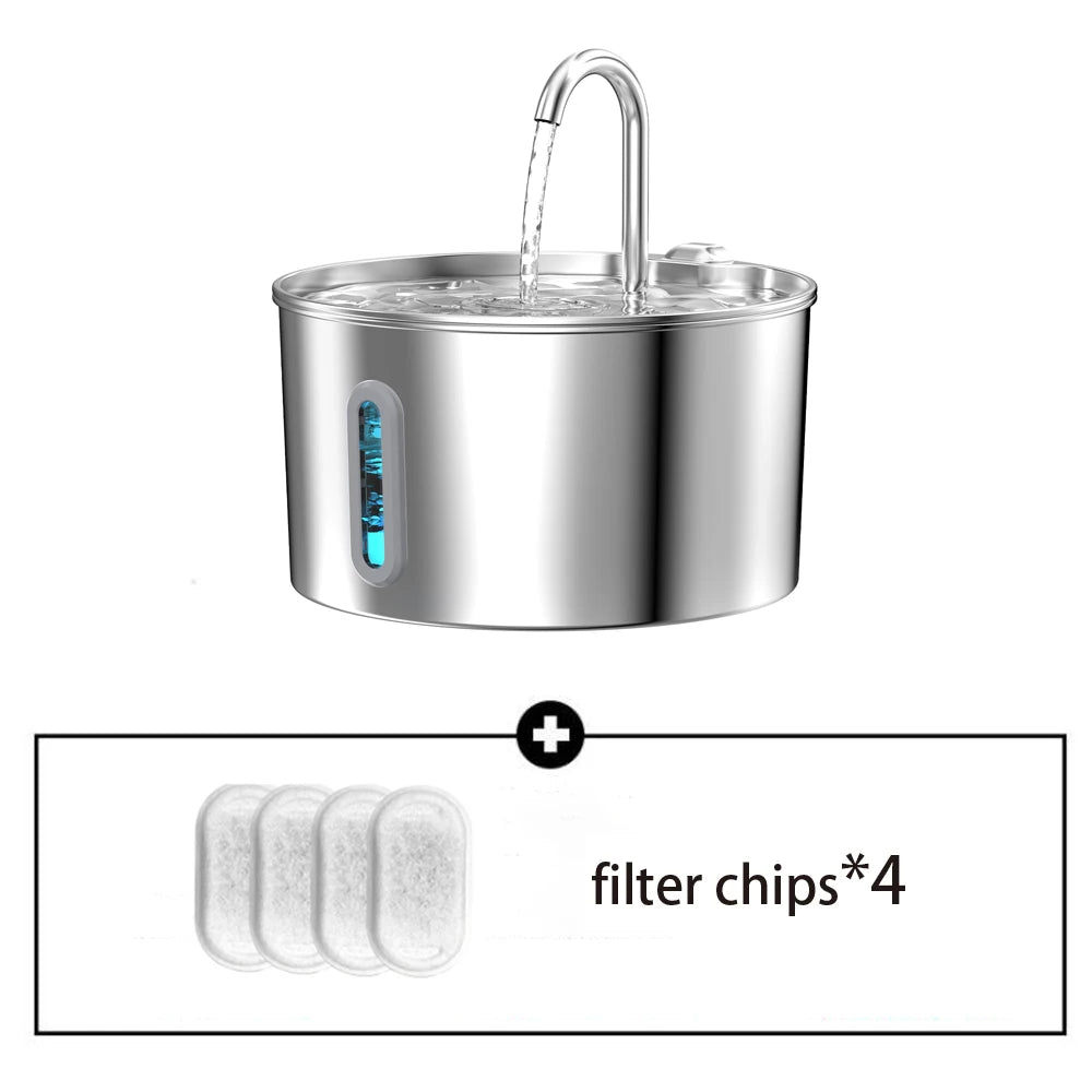 Stainless steel pet water fountain shown as an add-on bundle with a 4-pack of filter chips.