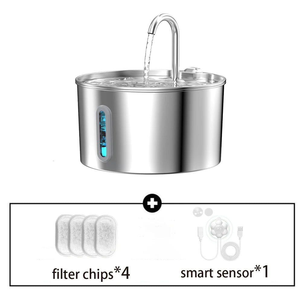 Stainless steel pet water fountain shown with included filter chips 4-pack and smart sensor accessory.
