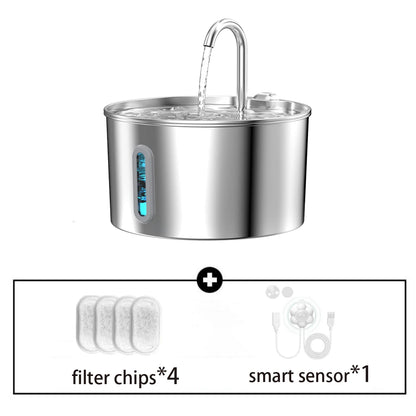 Stainless steel pet water fountain shown with included filter chips 4-pack and smart sensor accessory.