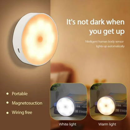 Wireless magnetic PIR night light mounted on wall with automatic human body sensor, shown in white and warm light modes.