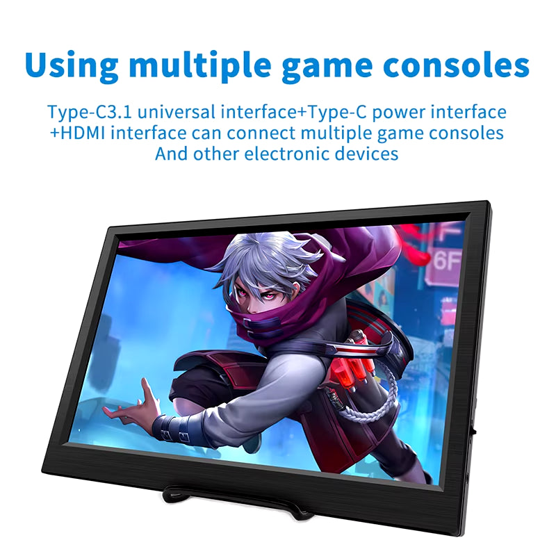 11.6-Inch Portable Monitor on foldable stand connected via Type-C and HDMI to multiple game consoles
