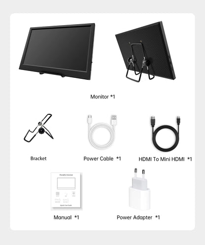 11.6-Inch Portable Monitor package contents including bracket, power cable, HDMI cable, manual, and power adapter