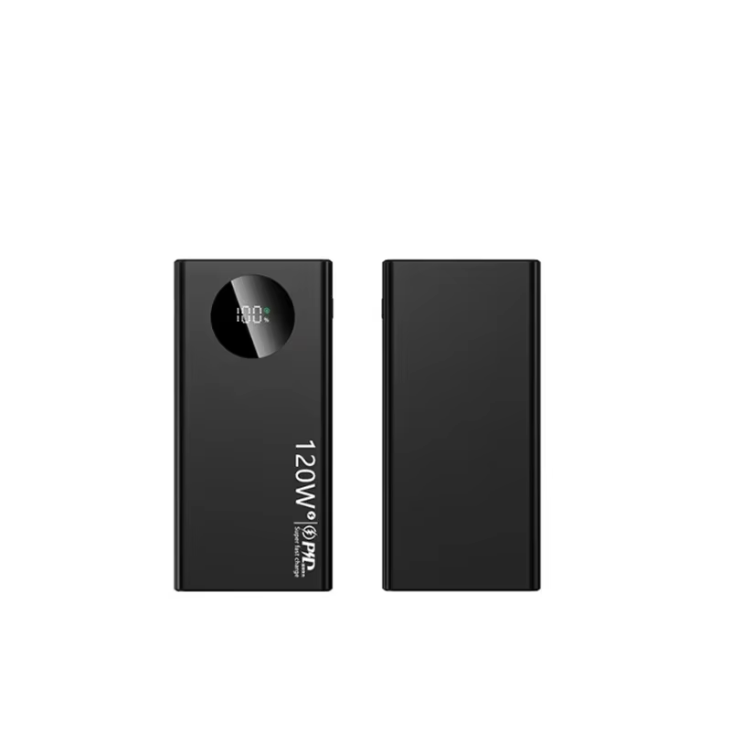 50000mAh Power Bank in black showing front LED display and back panel, 120W fast charging