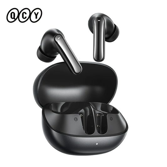 QCY MeloBuds N20 wireless earbuds in black with open charging case.