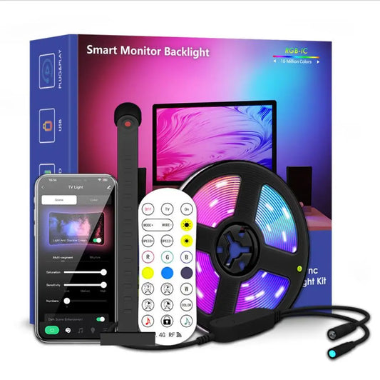 RGBIC LED TV Backlight Strip packaging box with camera, remote control, app, and LED strip