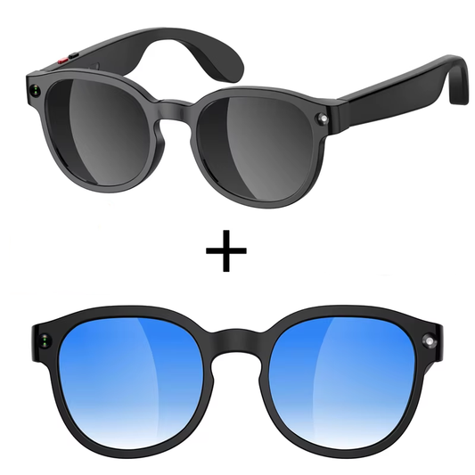 Smart AI glasses with camera shown in black sunglasses and blue gradient lens color options.