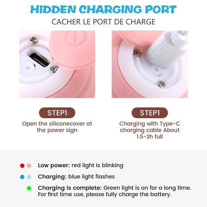 Smart Cat Toy Ball hidden USB-C charging port under silicone cover with LED charging indicator