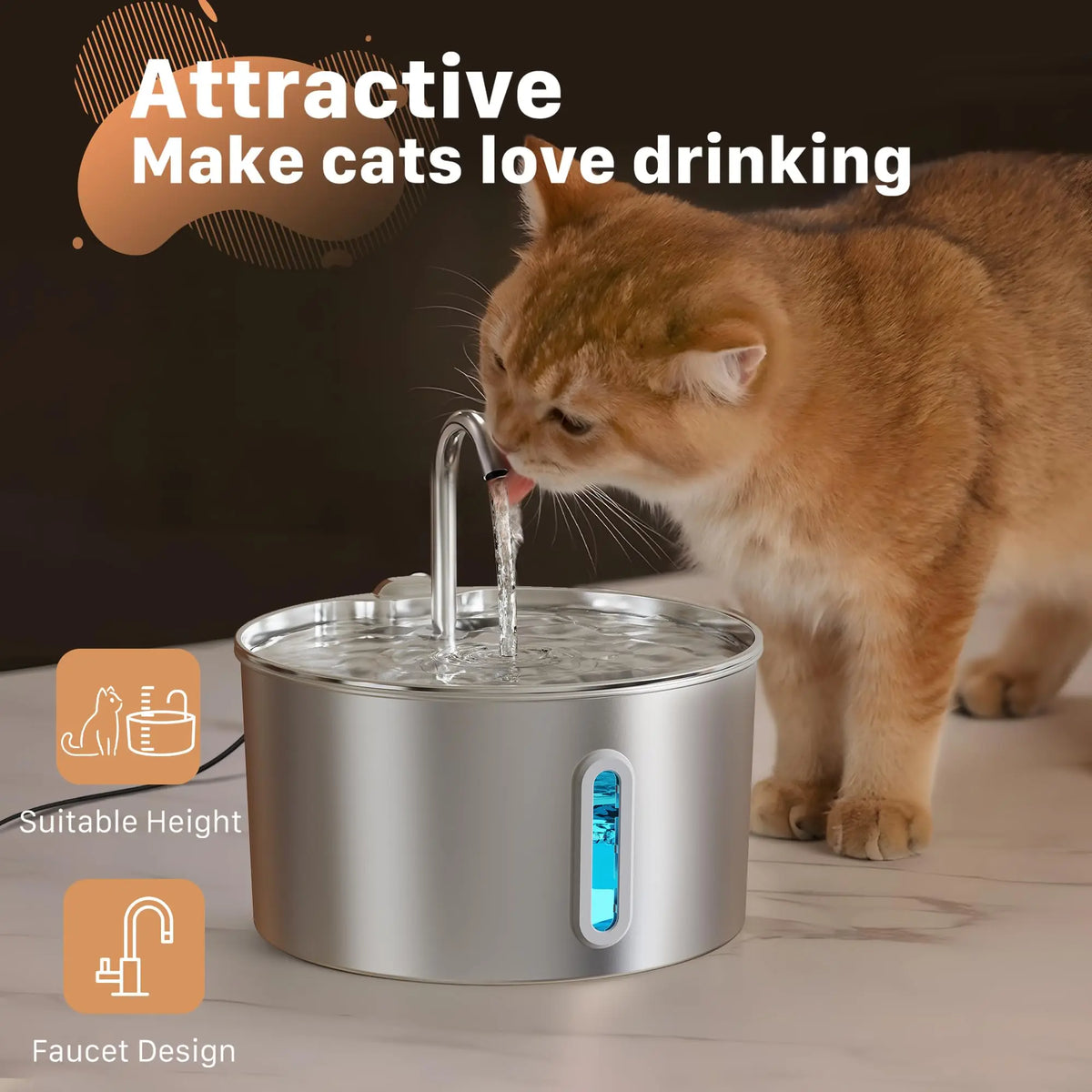 Cat drinking from stainless steel water fountain, highlighting suitable drinking height and faucet design.