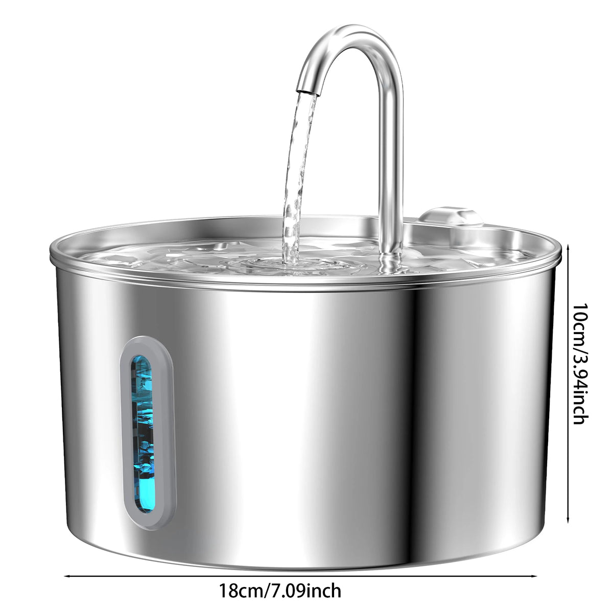 Size dimensions diagram of the stainless steel pet water fountain, 18cm wide by 10cm tall.