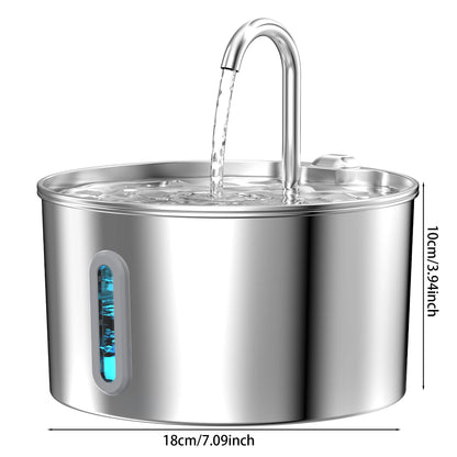 Size dimensions diagram of the stainless steel pet water fountain, 18cm wide by 10cm tall.