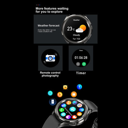 Grid of Watch 6 Classic smartwatch app features including weather, music control, and notification icons