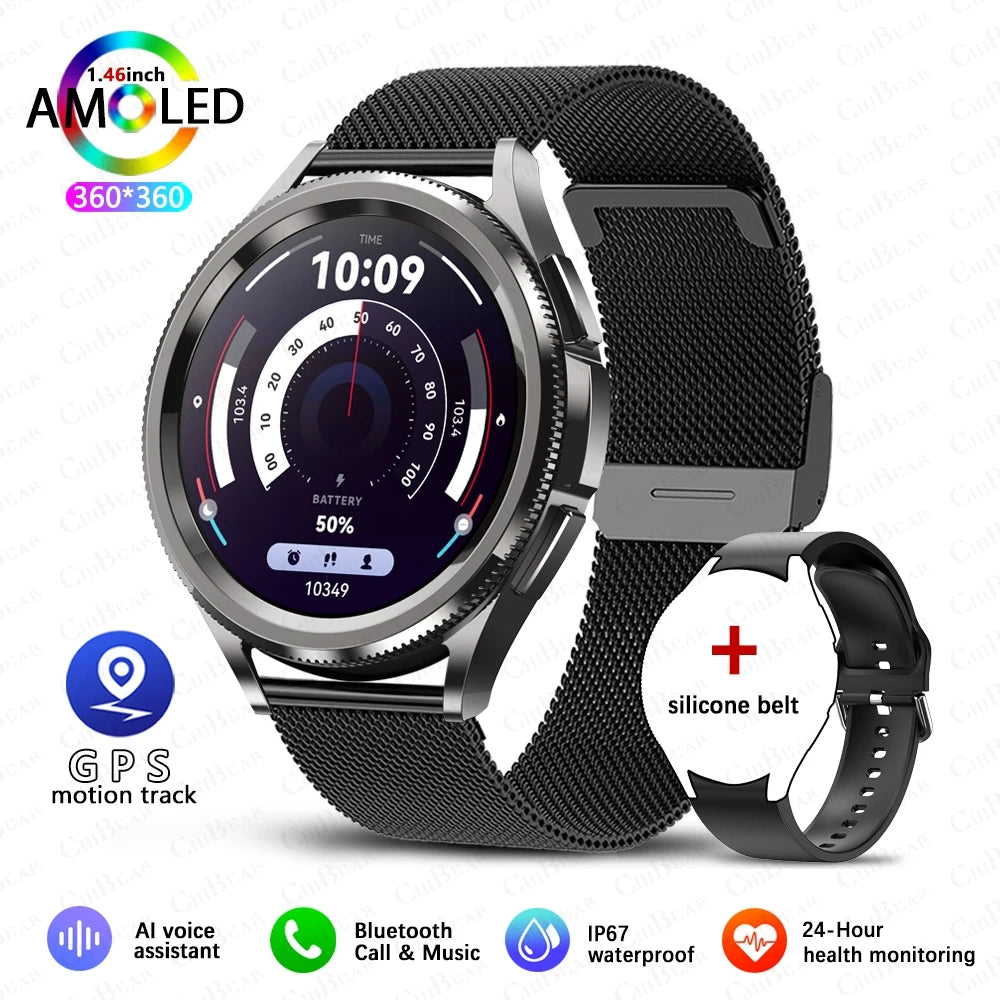 Watch 6 Classic smartwatch with black Milanese mesh band, digital display, and included silicone strap
