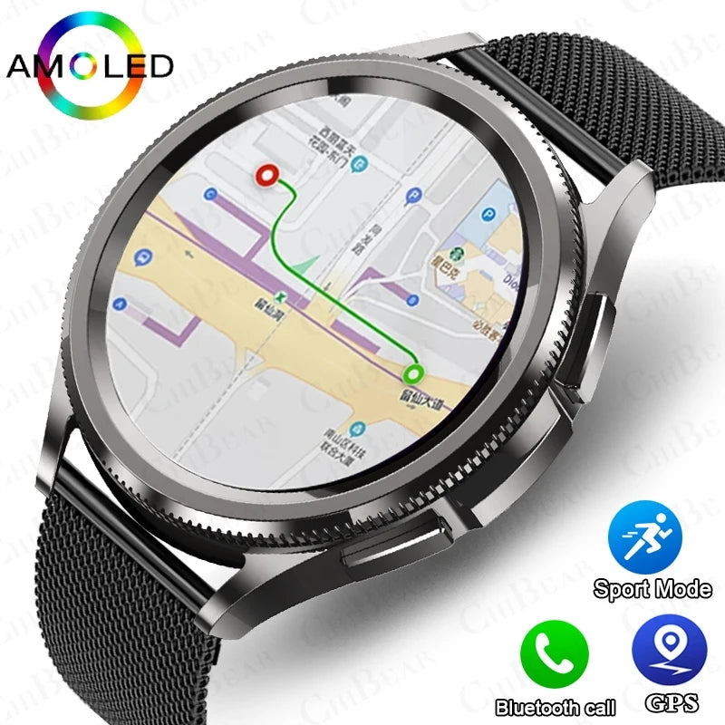Watch 6 Classic smartwatch with AMOLED display showing GPS tracking map and route stats
