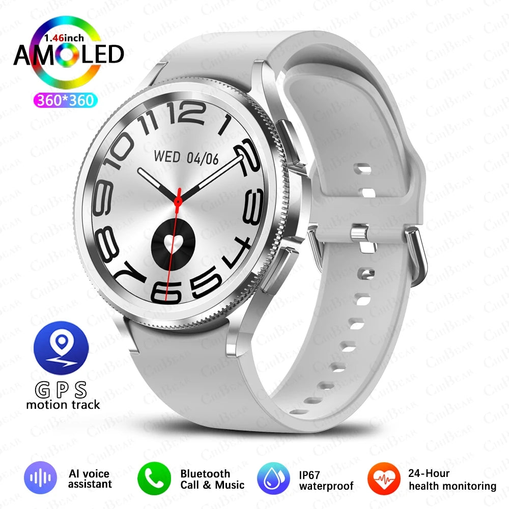 Watch 6 Classic smartwatch with classic analog watch face and light grey silicone band