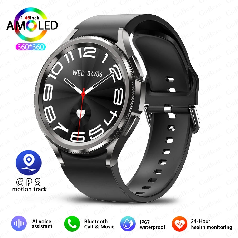 Watch 6 Classic smartwatch with silver case, classic analog face, and black silicone band