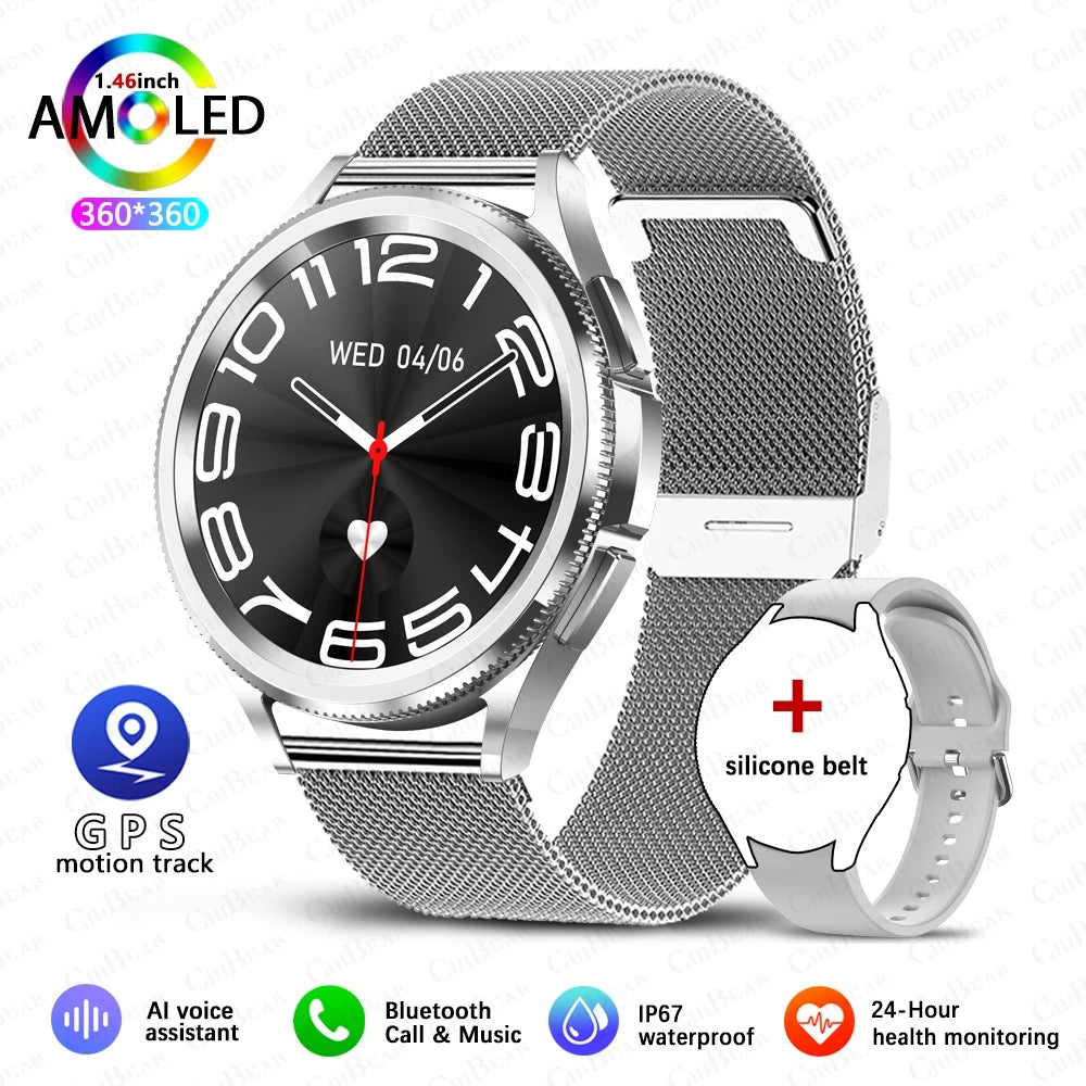 Watch 6 Classic smartwatch with silver Milanese mesh band and included extra silicone strap
