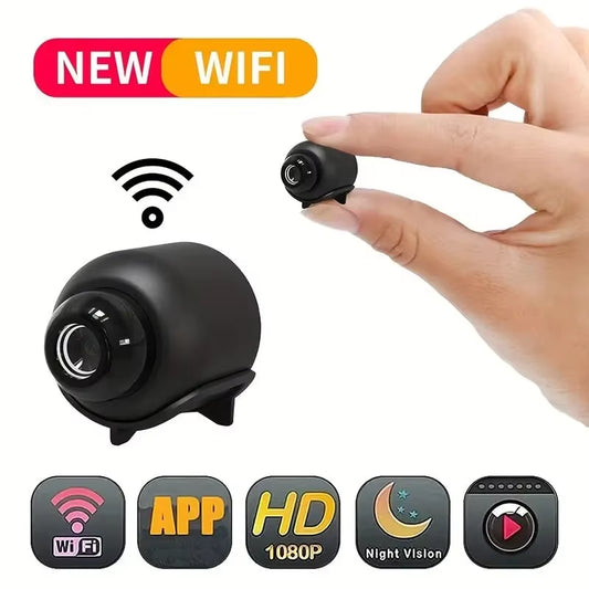 X5 Mini Camera held between two fingers showing its compact size, with WiFi and 1080p HD features